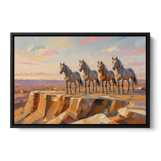Mustang Wall Art with Four Horses at Golden Hour - Black Framed Canvas Wall Art - Front