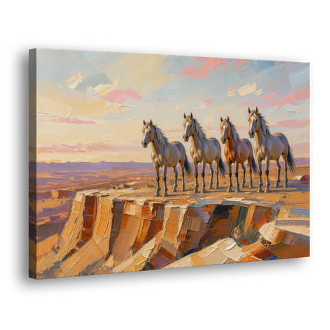 Mustang Wall Art with Four Horses at Golden Hour - Canvas Wall Art - Side