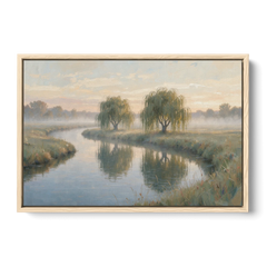 Muted Landscape Paintings of Willows at Dawn - Oak Framed Canvas Wall Art - Front
