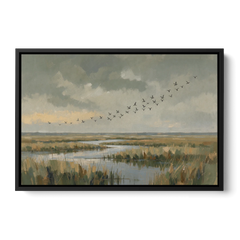 Muted Landscape with Birds Over the Reed Marsh - Black Framed Canvas Wall Art - Front