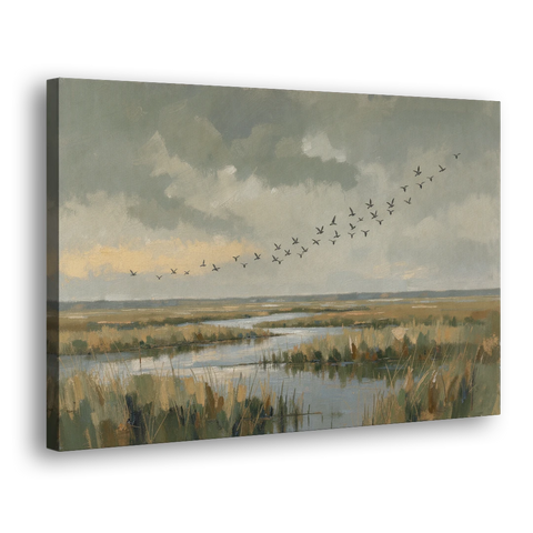 Muted Landscape with Birds Over the Reed Marsh - Canvas Wall Art - Side