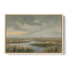 Muted Landscape with Birds Over the Reed Marsh - Oak Framed Canvas Wall Art - Front