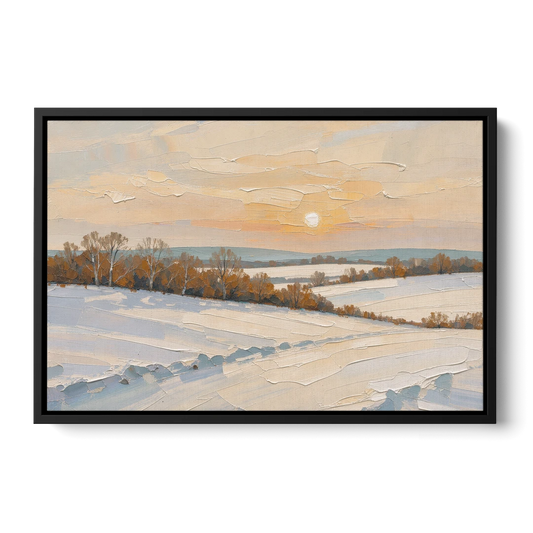 Muted Pale Sun Over Snowy Fields - Black Framed Canvas Wall Art - Front