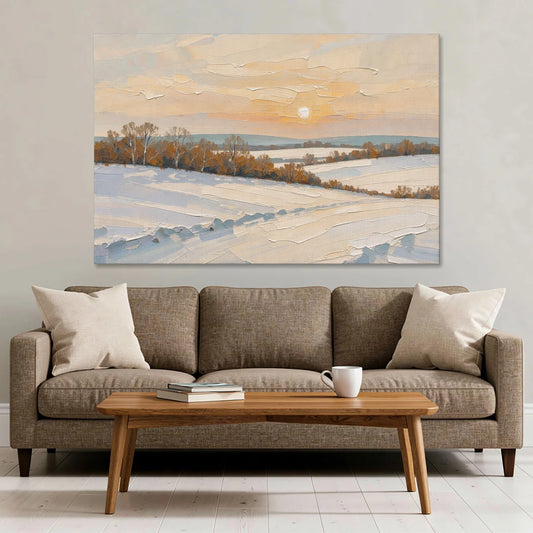 Muted Pale Sun Over Snowy Fields - Canvas Wall Art - Sofa - 60x40