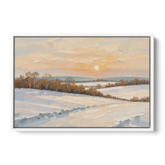 Muted Pale Sun Over Snowy Fields - White Framed Canvas Wall Art - Front