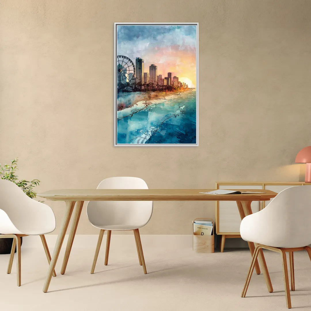 Myrtle Beach Coastal Skyline - Living Room White Frame Canvas