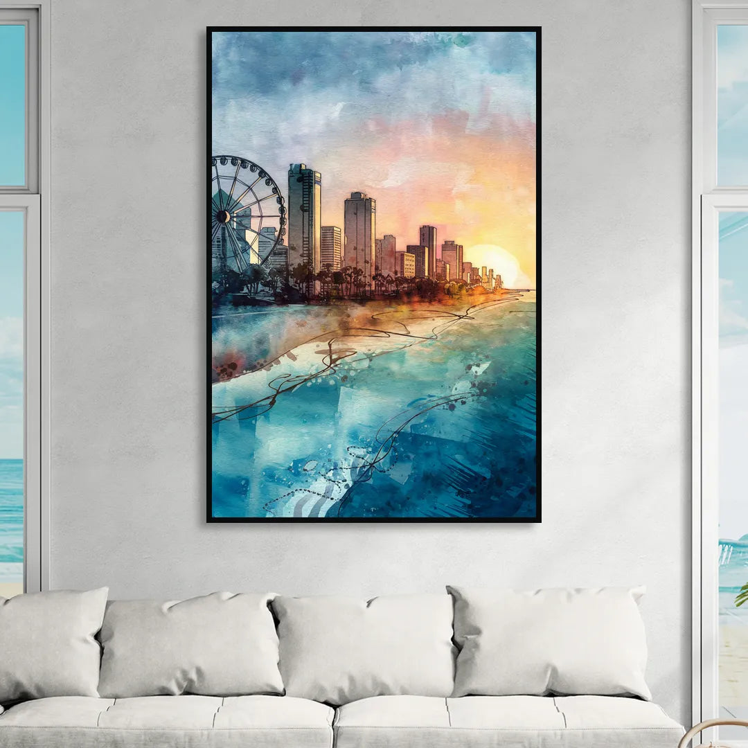 Myrtle Beach Coastal Skyline Living Room - Black Canvas Wall Art