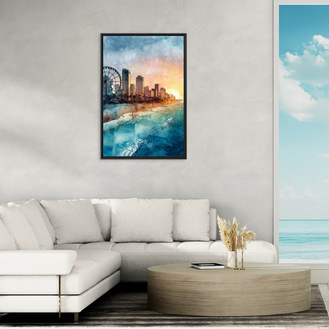 Myrtle Beach Coastal Skyline - Living Room Black Frame Canvas