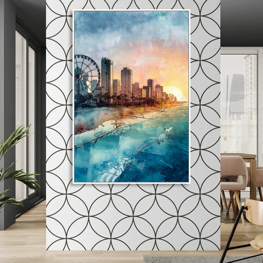 Myrtle Beach Coastal Skyline Living Room - White Canvas Wall Art