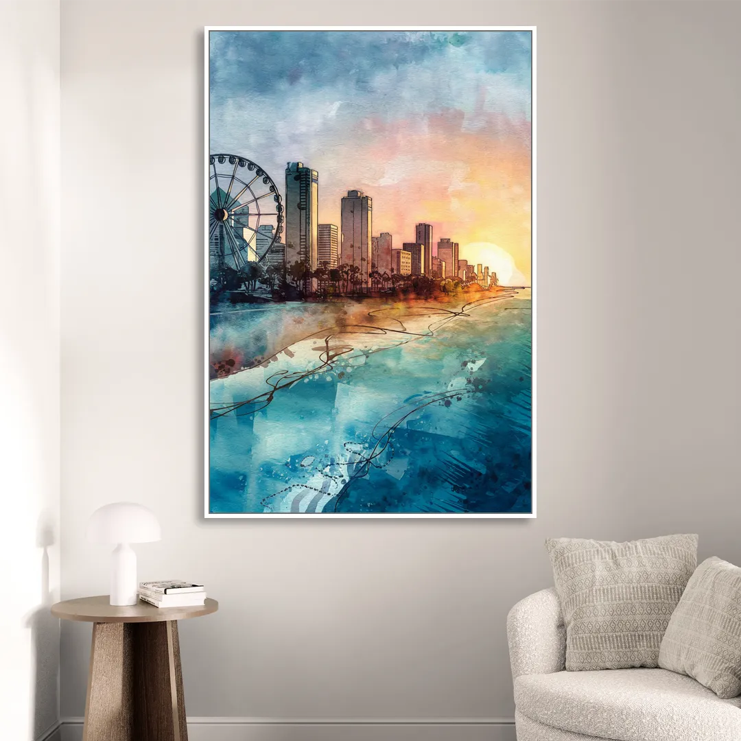 Myrtle Beach Coastal Skyline Sitting Room - White Canvas Wall Art