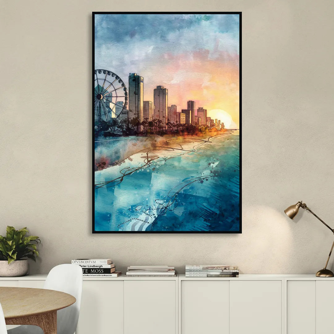 Myrtle Beach Coastal Skyline Sitting Room - Black Canvas Wall Art