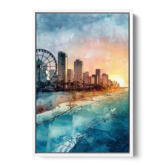 Myrtle Beach Coastal Skyline - White Framed Canvas Wall Art - Front