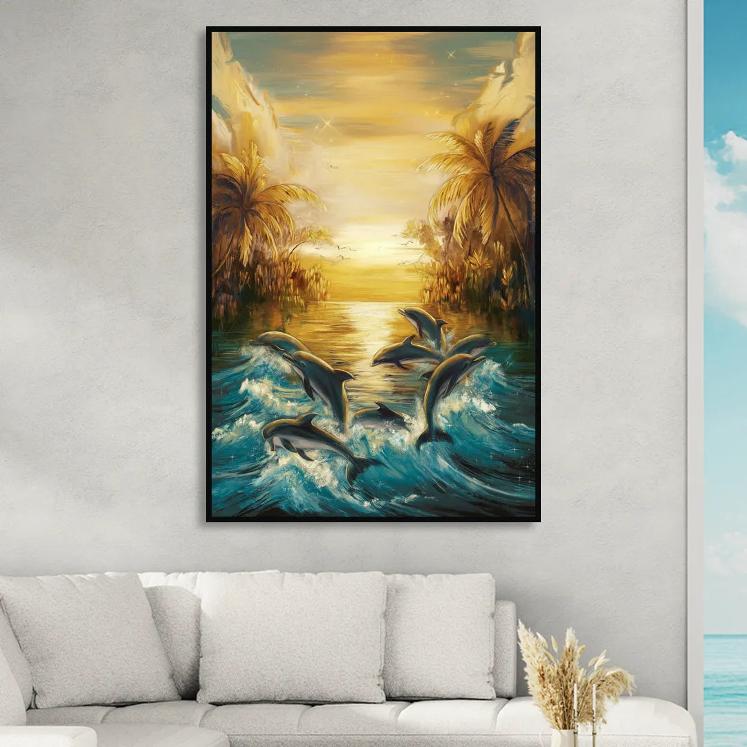 Myrtle Beach Dolphin Horizon Sitting Room - Black Canvas Wall Art