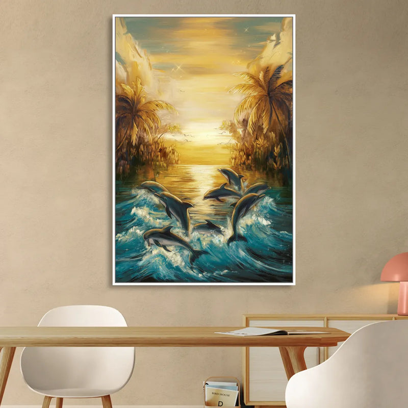 Myrtle Beach Dolphin Horizon Sitting Room - White Canvas Wall Art