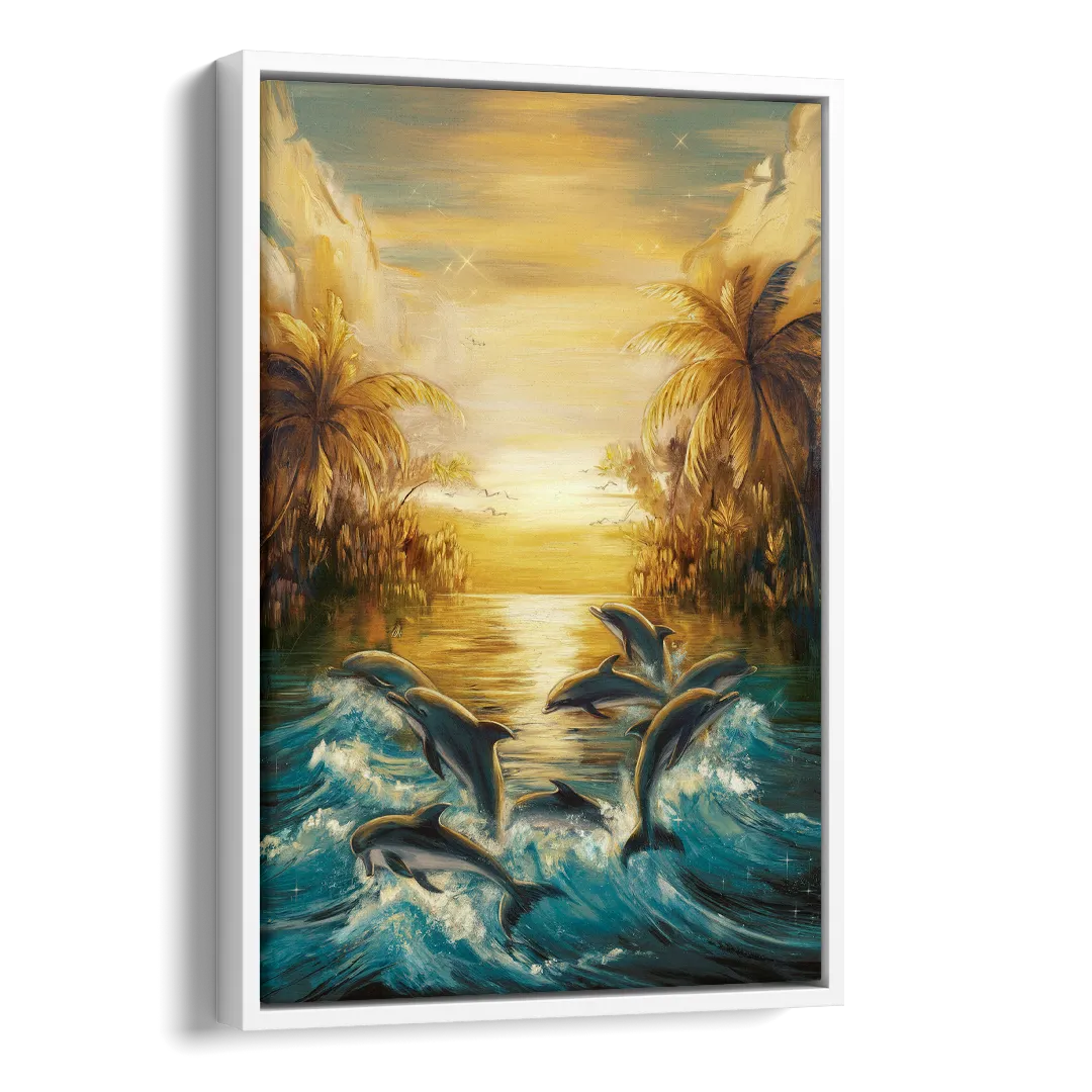 Myrtle Beach Dolphin Horizon Side - White Canvas Wall Art