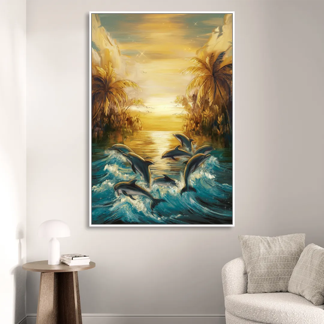 Myrtle Beach Dolphin Horizon Living Room - White Canvas Wall Art