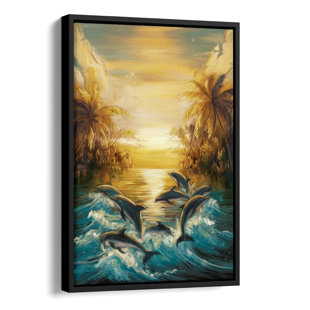 Myrtle Beach Dolphin Horizon Side - Black Canvas Wall Art