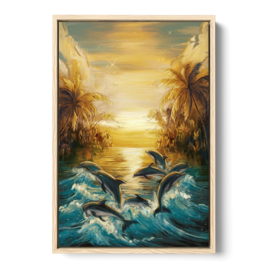 Myrtle Beach Dolphin Horizon - Oak Framed Canvas Wall Art - Front