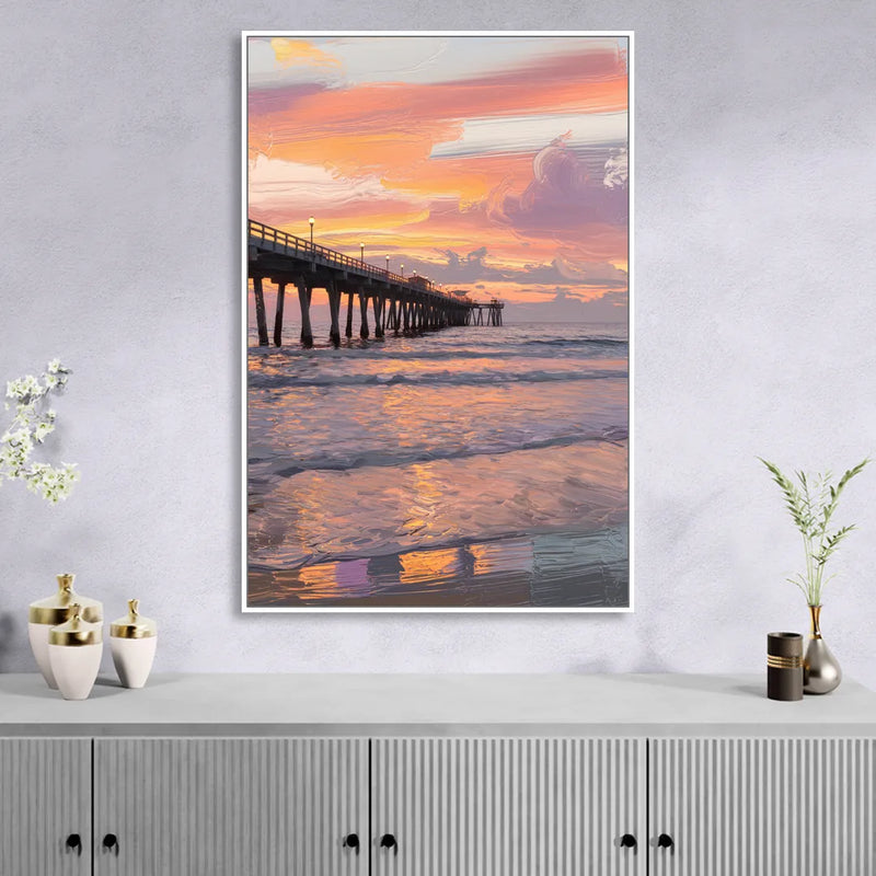 Myrtle Beach Pier at Sunset Sitting Room - White Canvas Wall Art