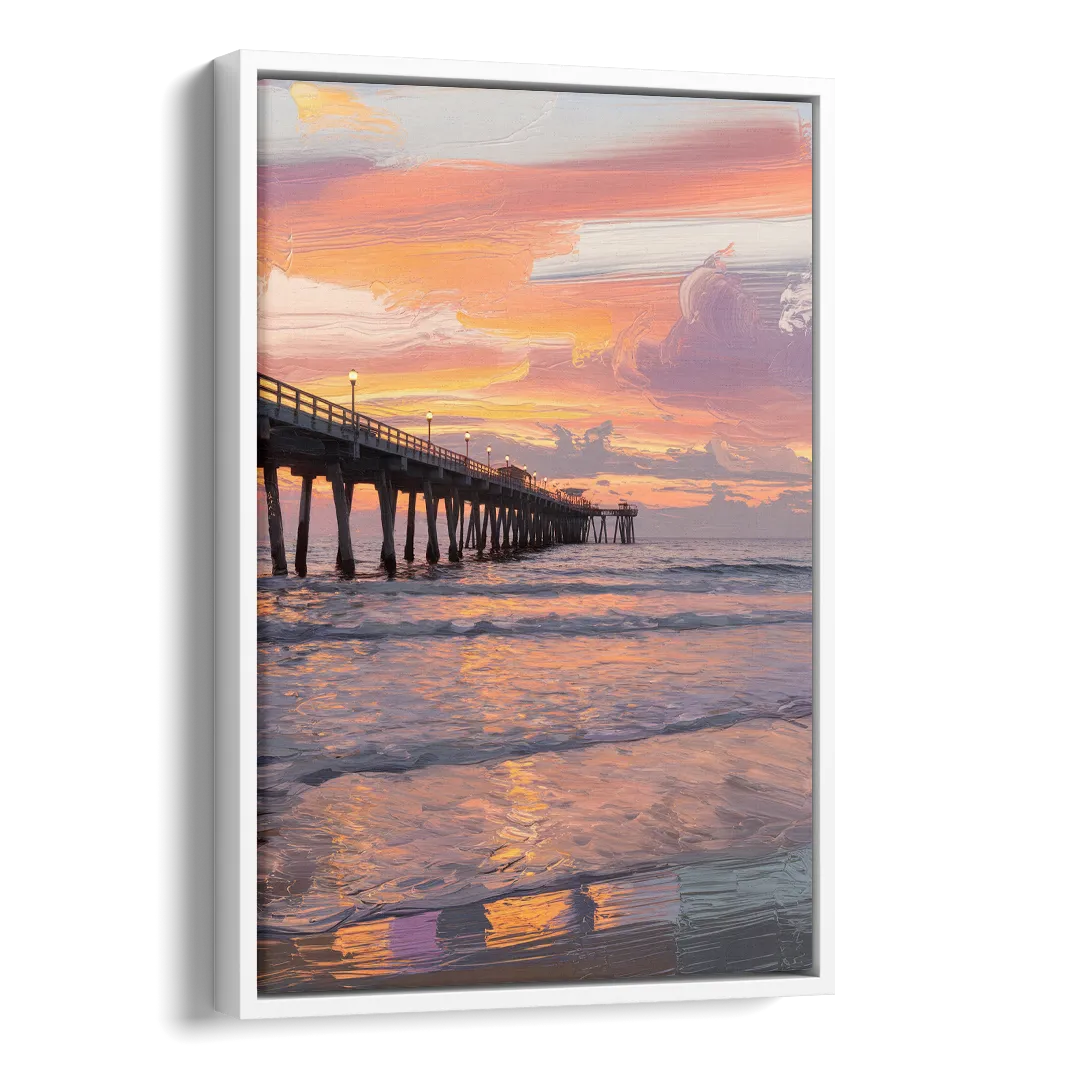 Myrtle Beach Pier at Sunset Side - White Canvas Wall Art