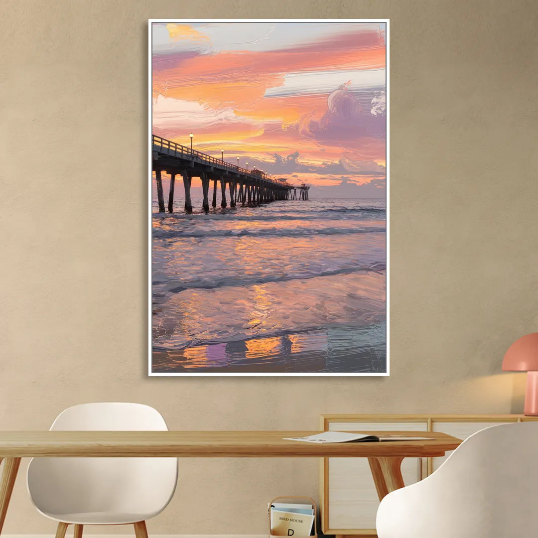 Myrtle Beach Pier at Sunset Living Room - White Canvas Wall Art