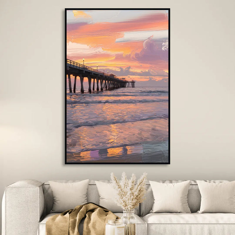 Myrtle Beach Pier at Sunset Sitting Room - Black Canvas Wall Art