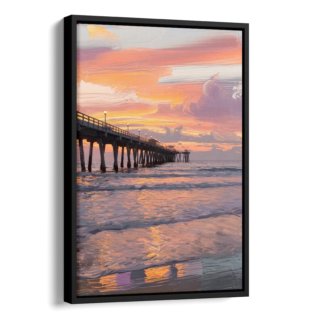 Myrtle Beach Pier at Sunset Side - Black Canvas Wall Art