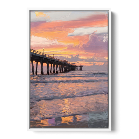 Myrtle Beach Pier at Sunset - White Framed Canvas Wall Art - Front