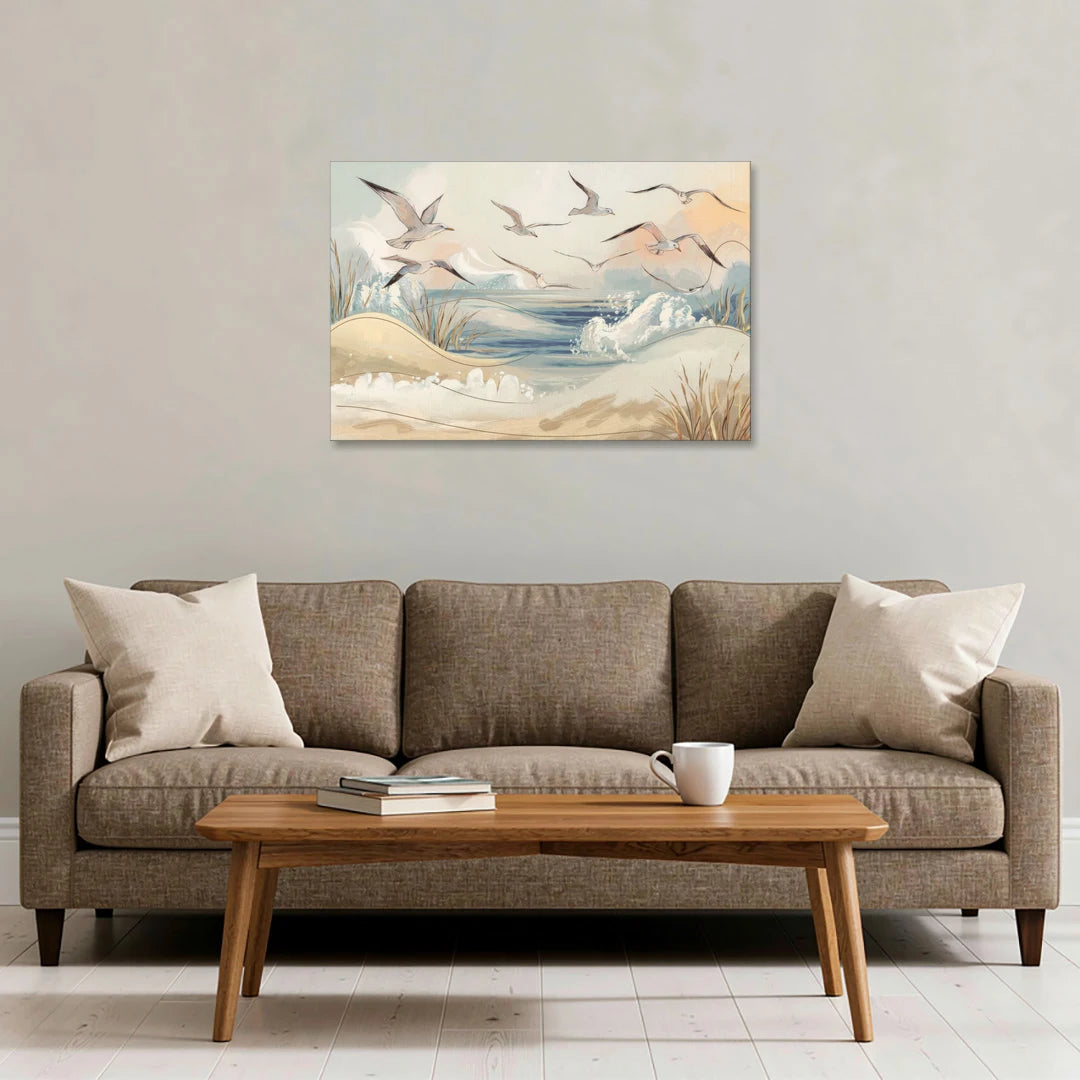 Myrtle Beach Seagulls In Flight - Canvas Wall Art - Sofa - 36x24