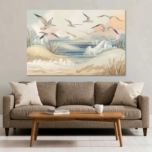 Myrtle Beach Seagulls In Flight - Canvas Wall Art - Sofa - 60x40