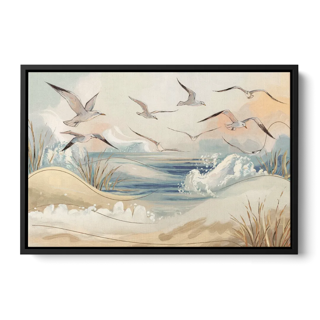Myrtle Beach Seagulls In Flight Front - Black Canvas Wall Art