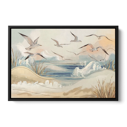 Myrtle Beach Seagulls In Flight Front - Black Canvas Wall Art