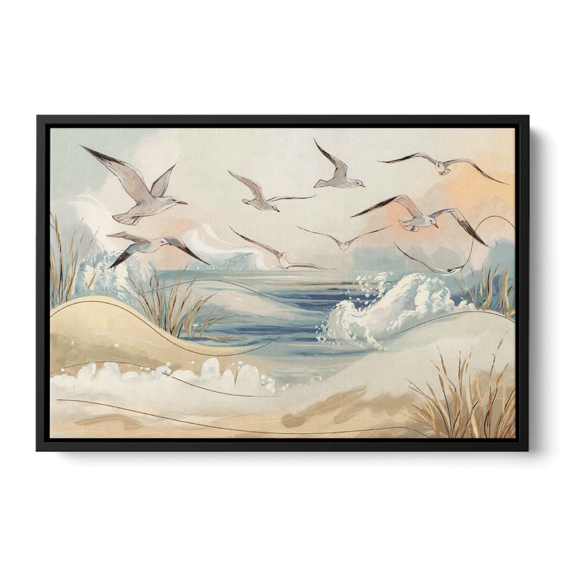 Myrtle Beach Seagulls In Flight Front - Black Canvas Wall Art