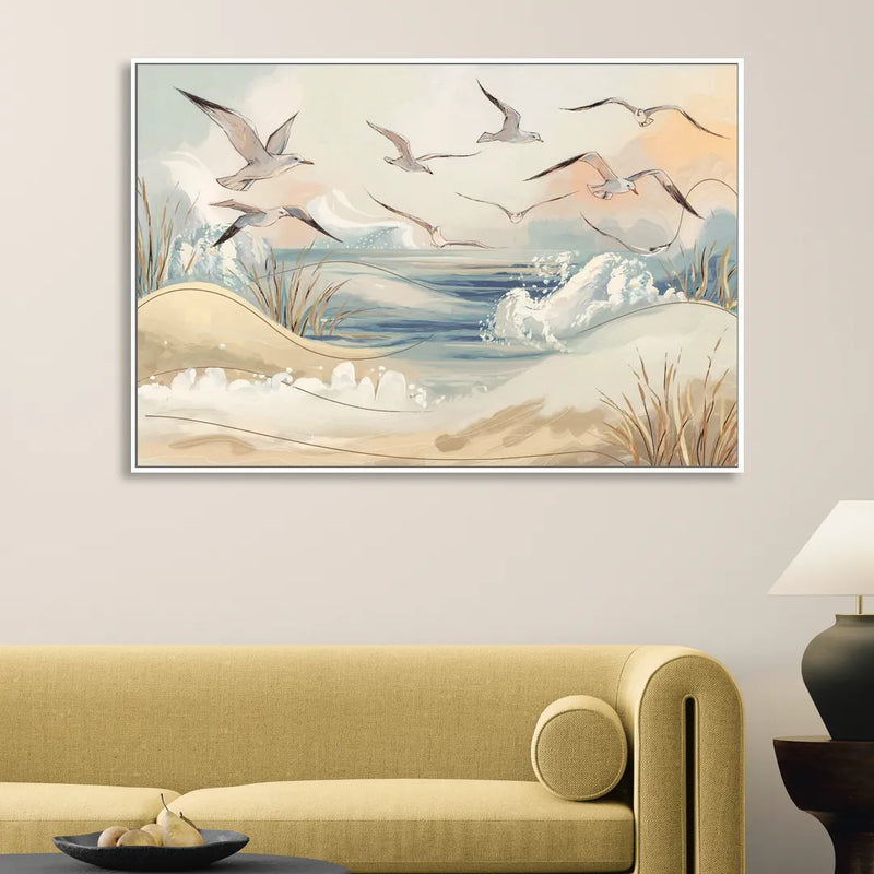 Myrtle Beach Seagulls In Flight Living Room - White Canvas Wall Art