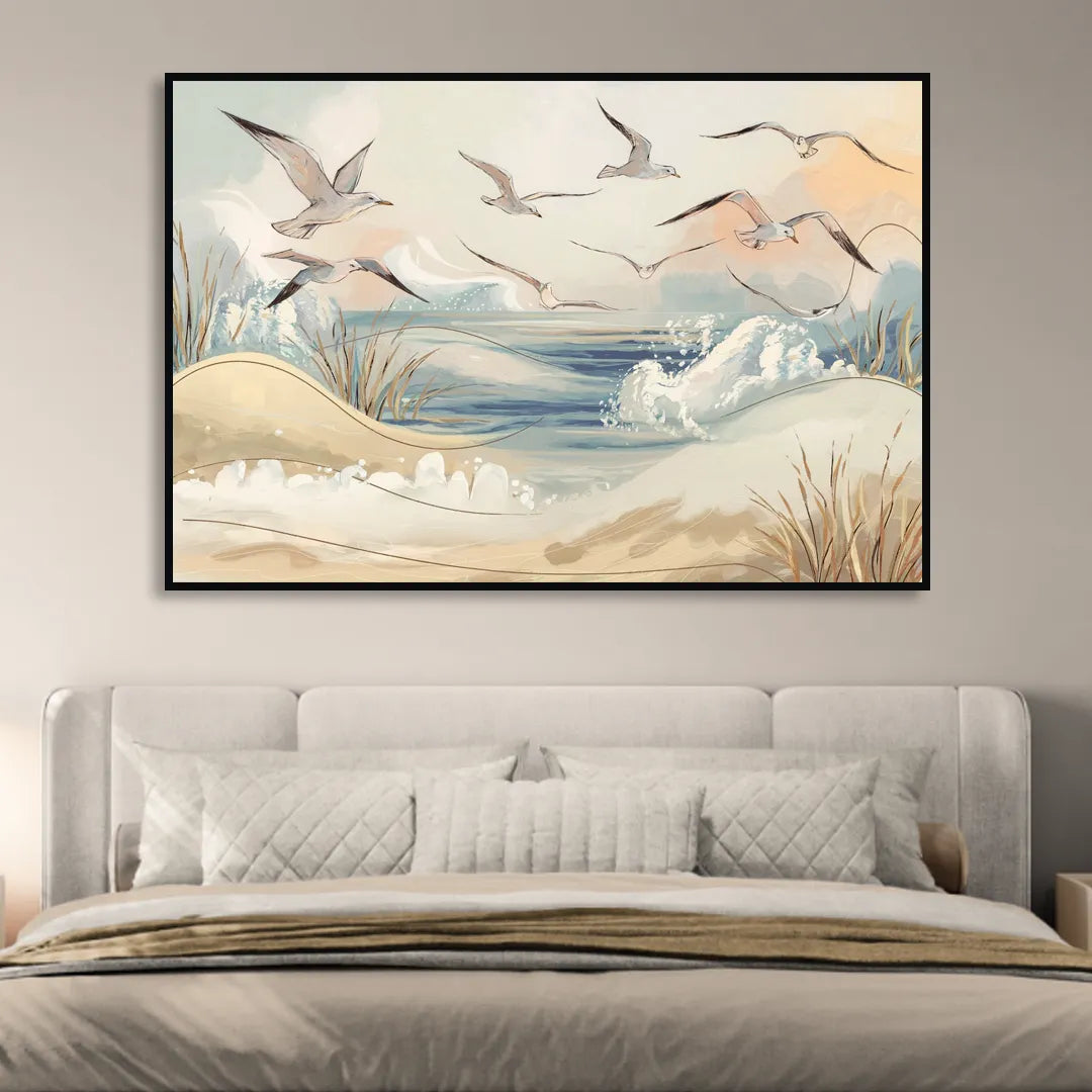 Myrtle Beach Seagulls In Flight Sitting Room - Black Canvas Wall Art