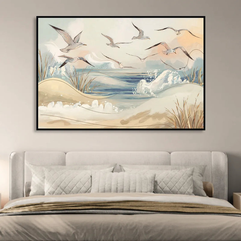Myrtle Beach Seagulls In Flight Sitting Room - Black Canvas Wall Art