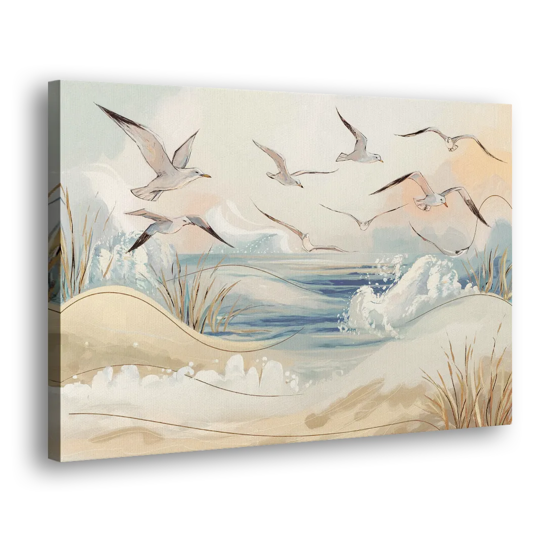 Myrtle Beach Seagulls In Flight Side - Canvas Wall Art