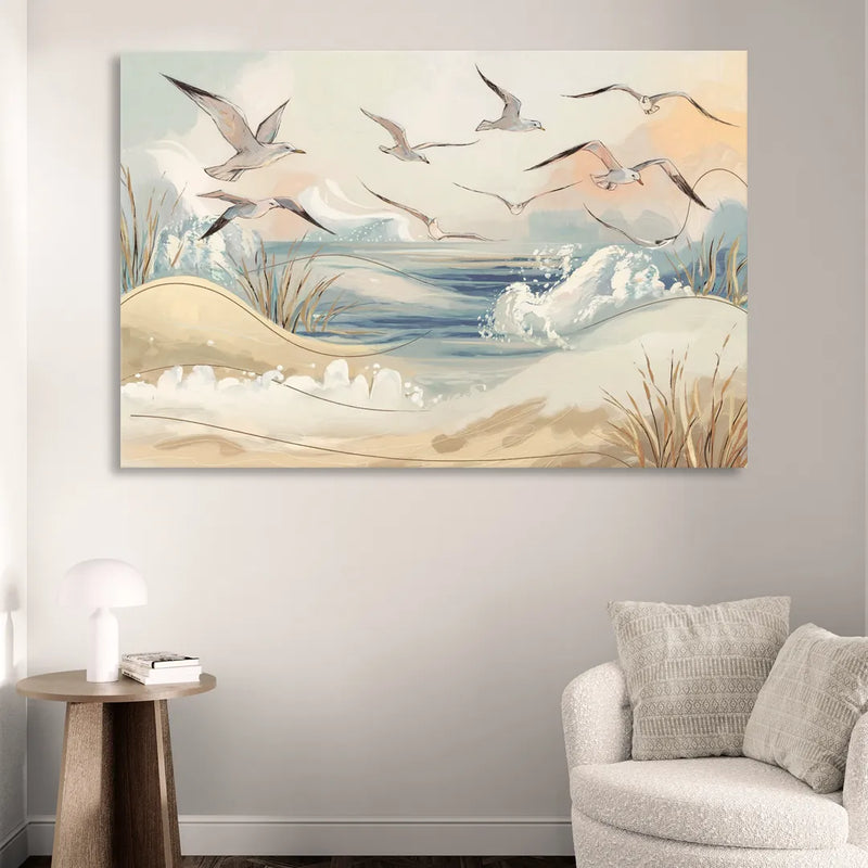 Myrtle Beach Seagulls In Flight Sitting Room - Canvas Wall Art