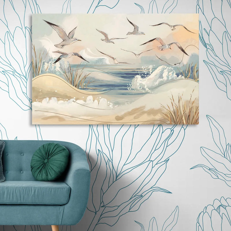 Myrtle Beach Seagulls In Flight Living Room - Canvas Wall Art