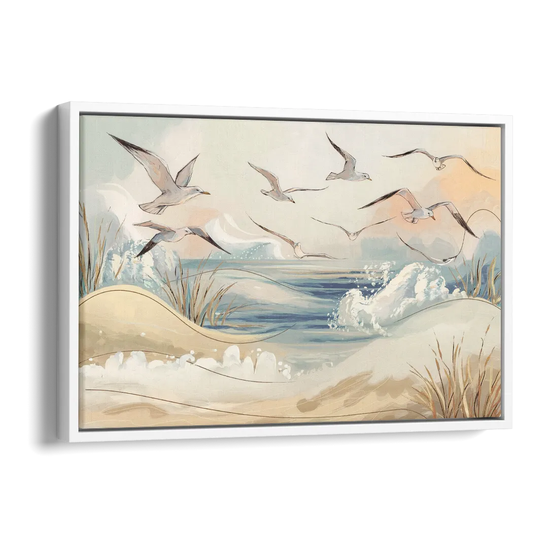 Myrtle Beach Seagulls In Flight Side - White Canvas Wall Art