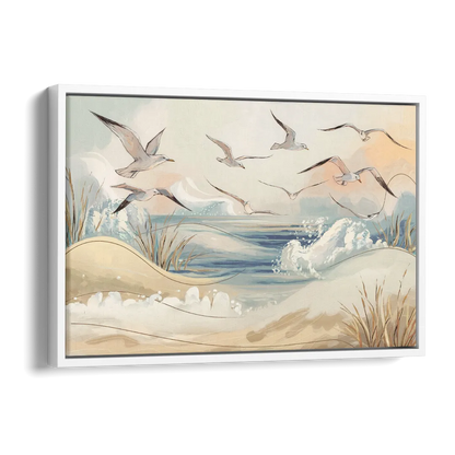Myrtle Beach Seagulls In Flight Side - White Canvas Wall Art