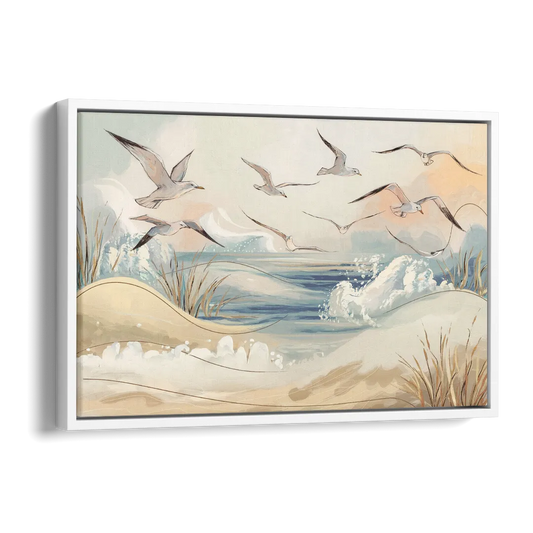 Myrtle Beach Seagulls In Flight Side - White Canvas Wall Art