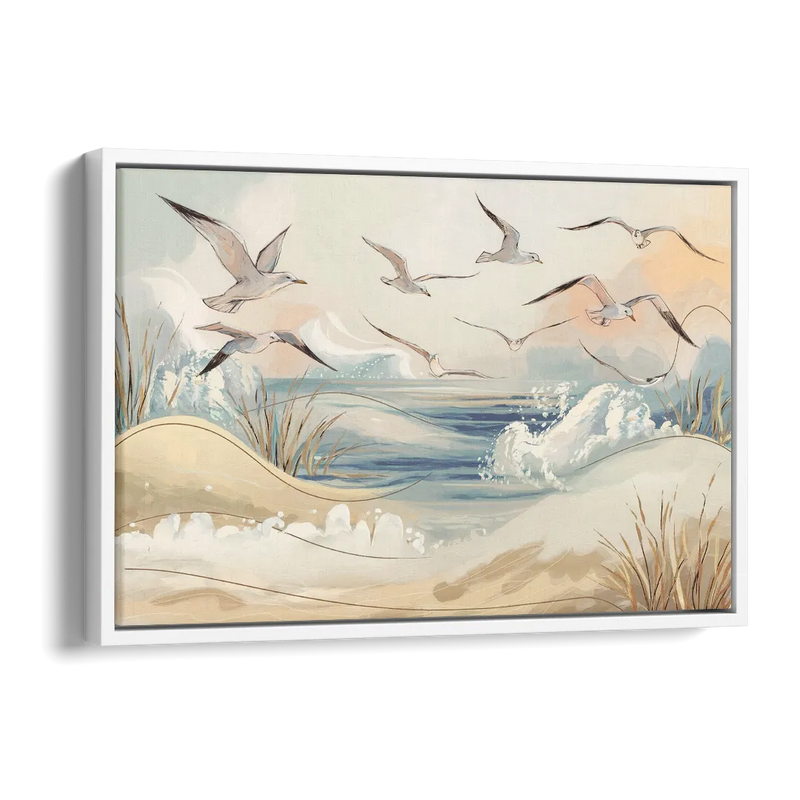 Myrtle Beach Seagulls In Flight Side - White Canvas Wall Art