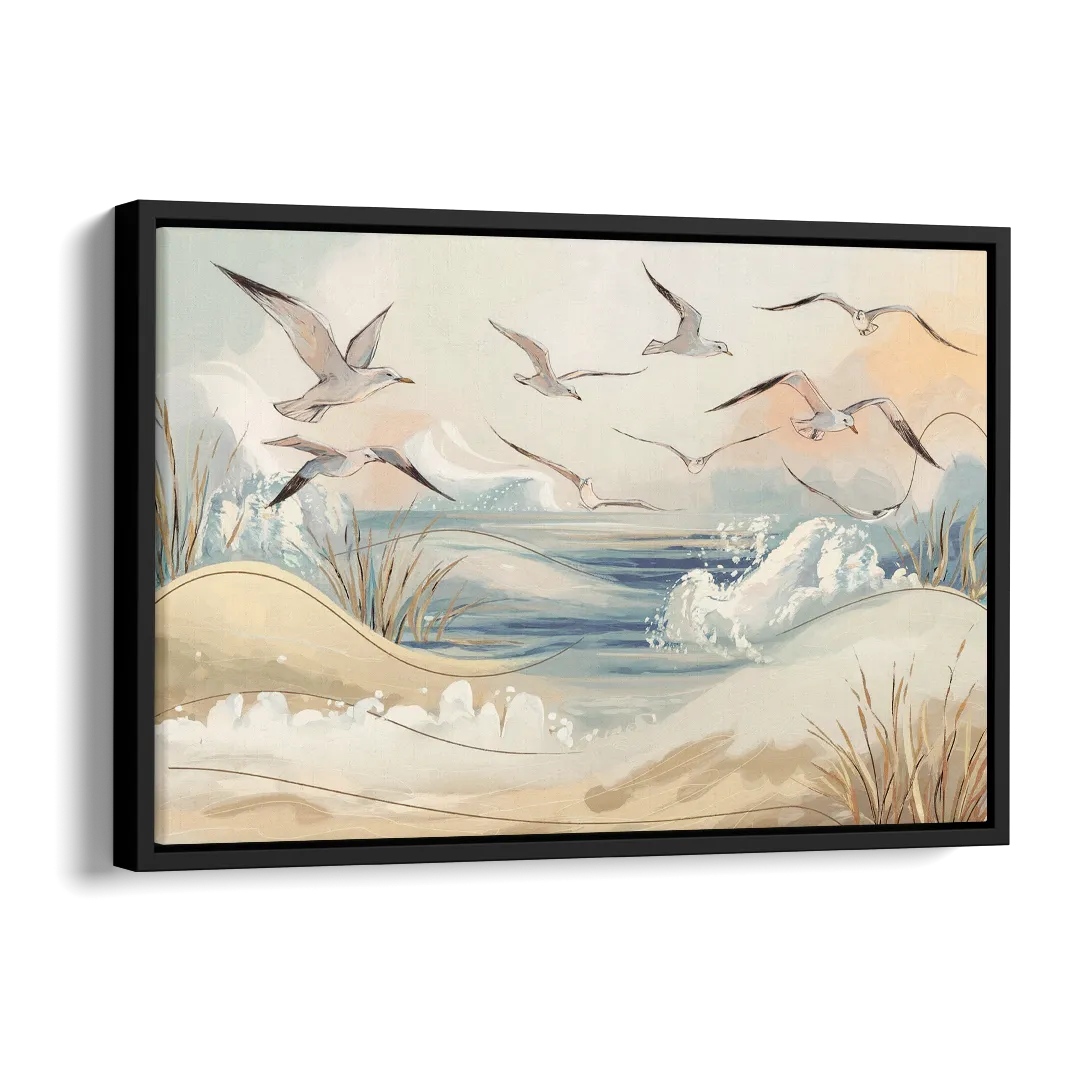 Myrtle Beach Seagulls In Flight Side - Black Canvas Wall Art