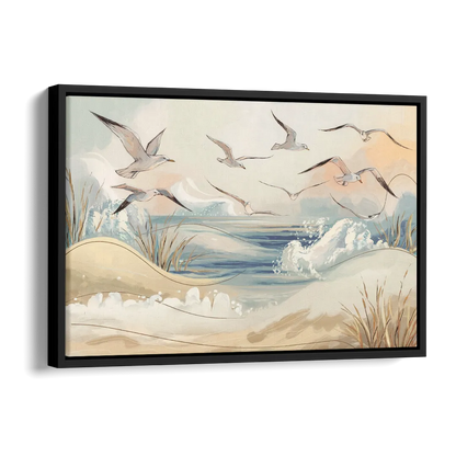 Myrtle Beach Seagulls In Flight Side - Black Canvas Wall Art