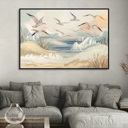 Myrtle Beach Seagulls In Flight Living Room - Black Canvas Wall Art