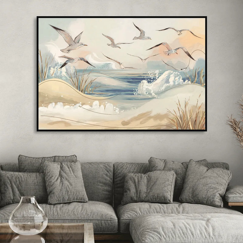 Myrtle Beach Seagulls In Flight Living Room - Black Canvas Wall Art