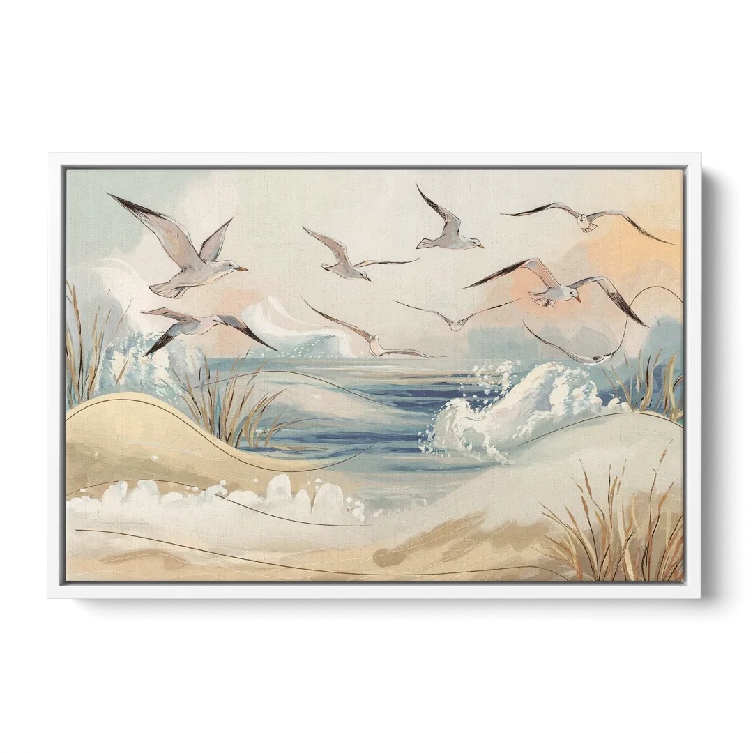 Myrtle Beach Seagulls In Flight Front - White Canvas Wall Art