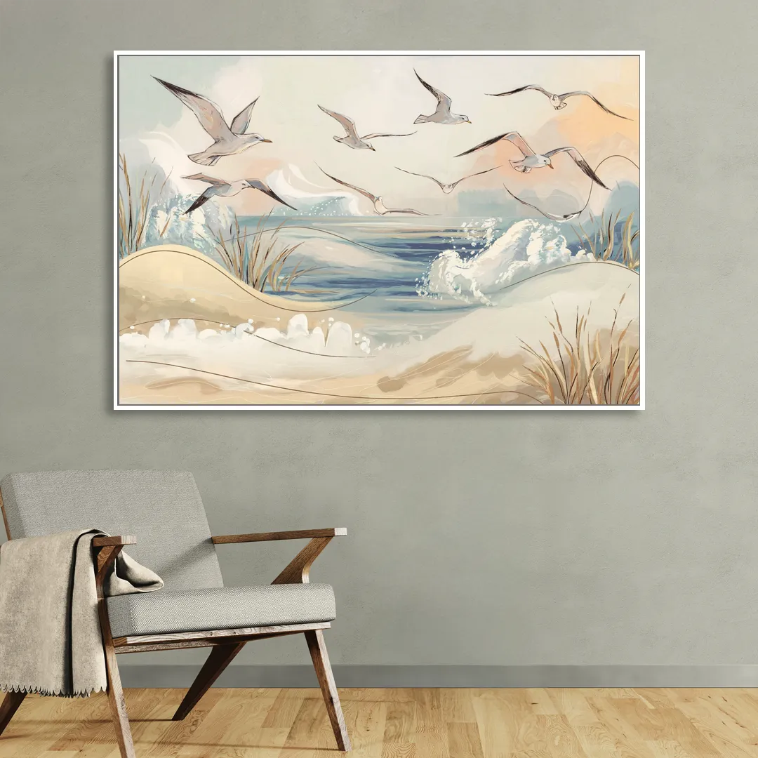 Myrtle Beach Seagulls In Flight Sitting Room - White Canvas Wall Art