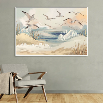 Myrtle Beach Seagulls In Flight Sitting Room - White Canvas Wall Art